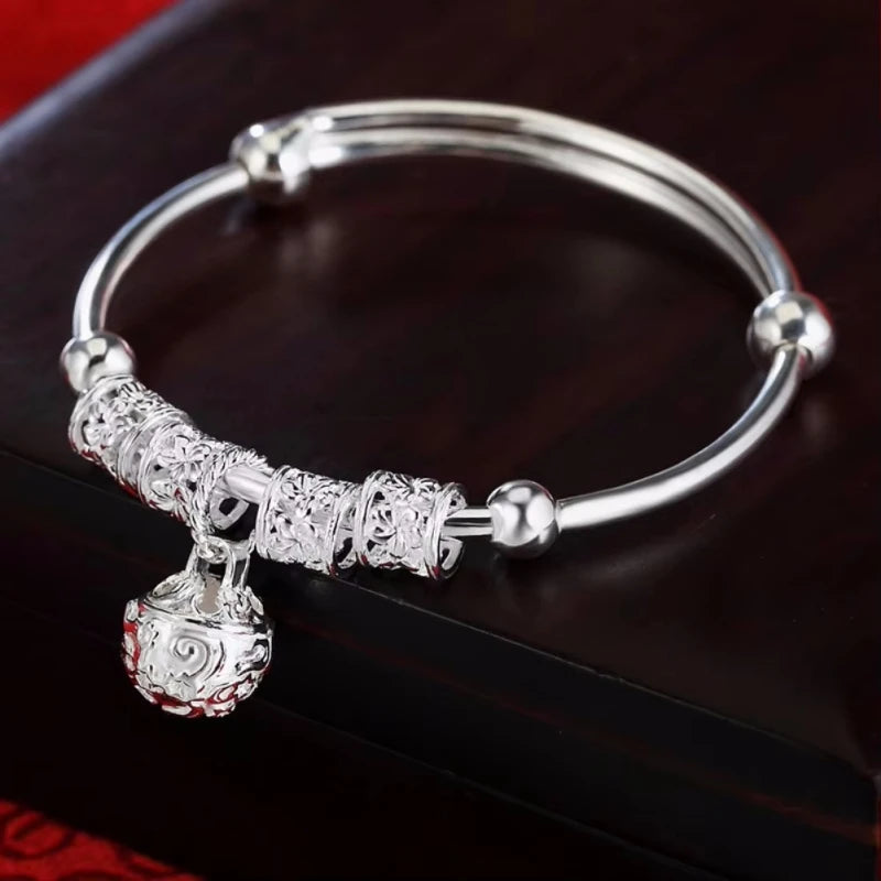 Fine 925 Sterling Silver Hollow Bells Ball Bangles Adjustable Bracelets for Women Fashion Holiday Gifts Party Wedding Jewelry