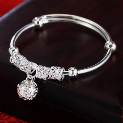 Fine 925 Sterling Silver Hollow Bells Ball Bangles Adjustable Bracelets for Women Fashion Holiday Gifts Party Wedding Jewelry