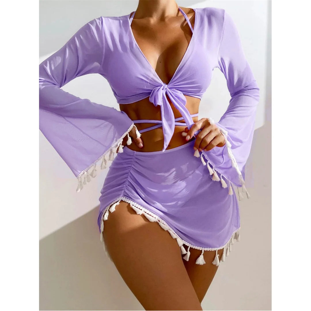 S - XL With Tassel Skirt Long Sleeve Bikini Women Swimwear Female Swimsuit Four-pieces Bikini set Bather Bathing Suit Swim V7060