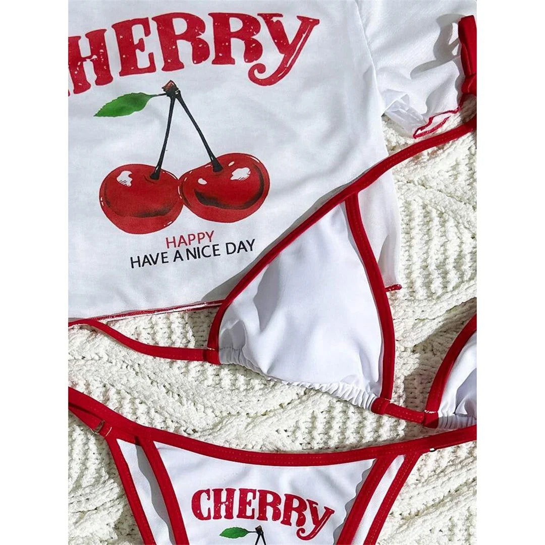 XS - L Cherry Printed Short Sleeve Bikini Female Swimsuit Women Swimwear Three-pieces Bikini set Bather Bathing Suit Swim V6854
