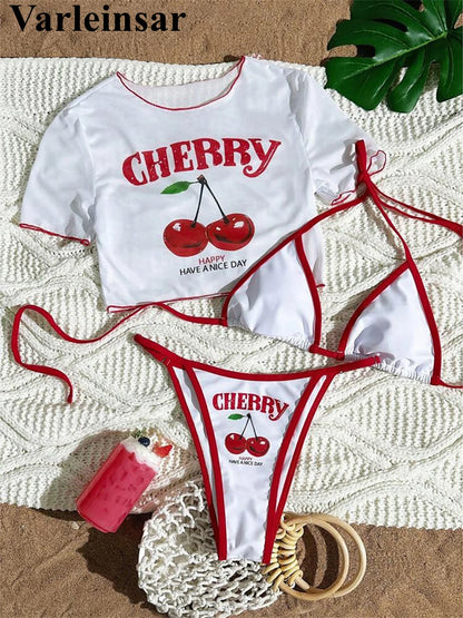 XS - L Cherry Printed Short Sleeve Bikini Female Swimsuit Women Swimwear Three-pieces Bikini set Bather Bathing Suit Swim V6854