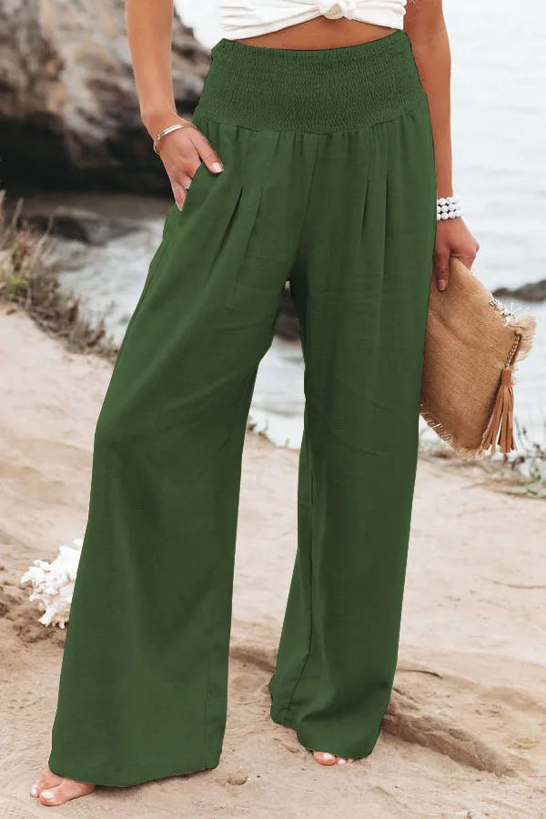Women's casual pants with drawstring, mid waist, beach wide leg, spring and summer, European and American pants