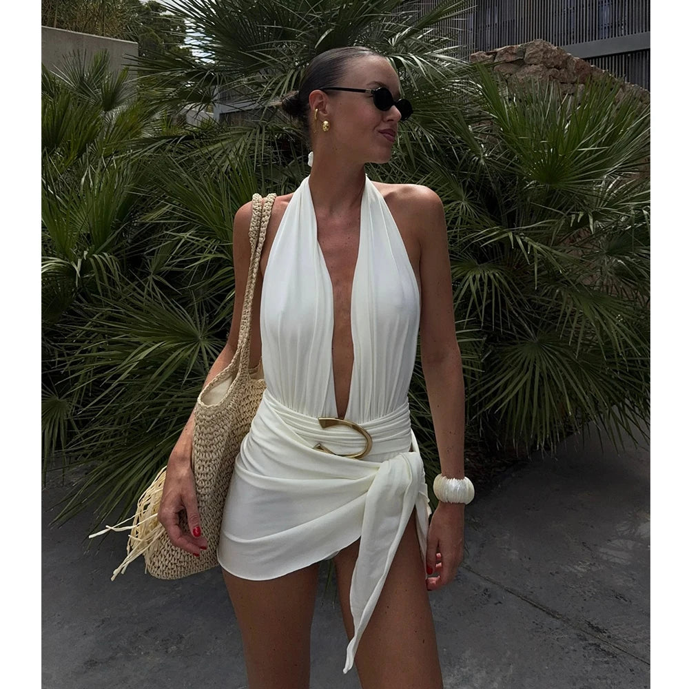 Two Pieces Micro Bikini 2025 Sexy Swimsuit Women Halter Swimwear Biquini Female Solid Bodysuit Bathing Suits Sarong Mini Skirt