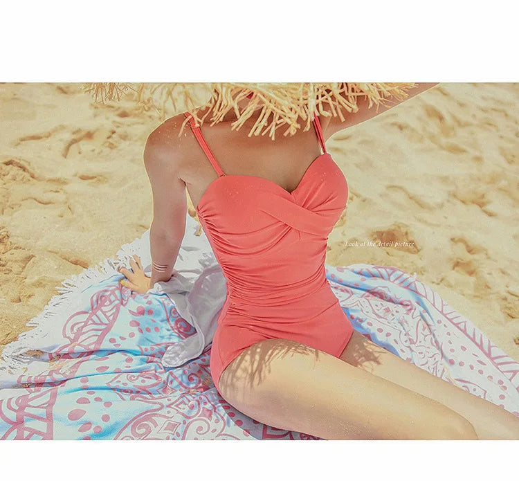 2024 Women One Piece Swimsuit Korean Red Beach Wear Tummy Control Bathing Suit Female Backless Monokini Padded Swimming Pool