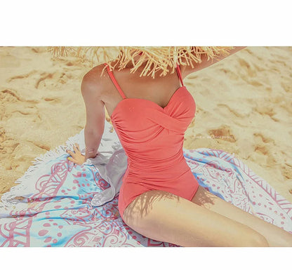 2024 Women One Piece Swimsuit Korean Red Beach Wear Tummy Control Bathing Suit Female Backless Monokini Padded Swimming Pool