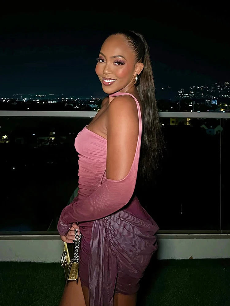 kliou Mesh Simple Women Mini Dress Fashion Solid Strapless Ribbons Tassel Body-shaping Vestidos+Seperately Full Sleeve Gloves