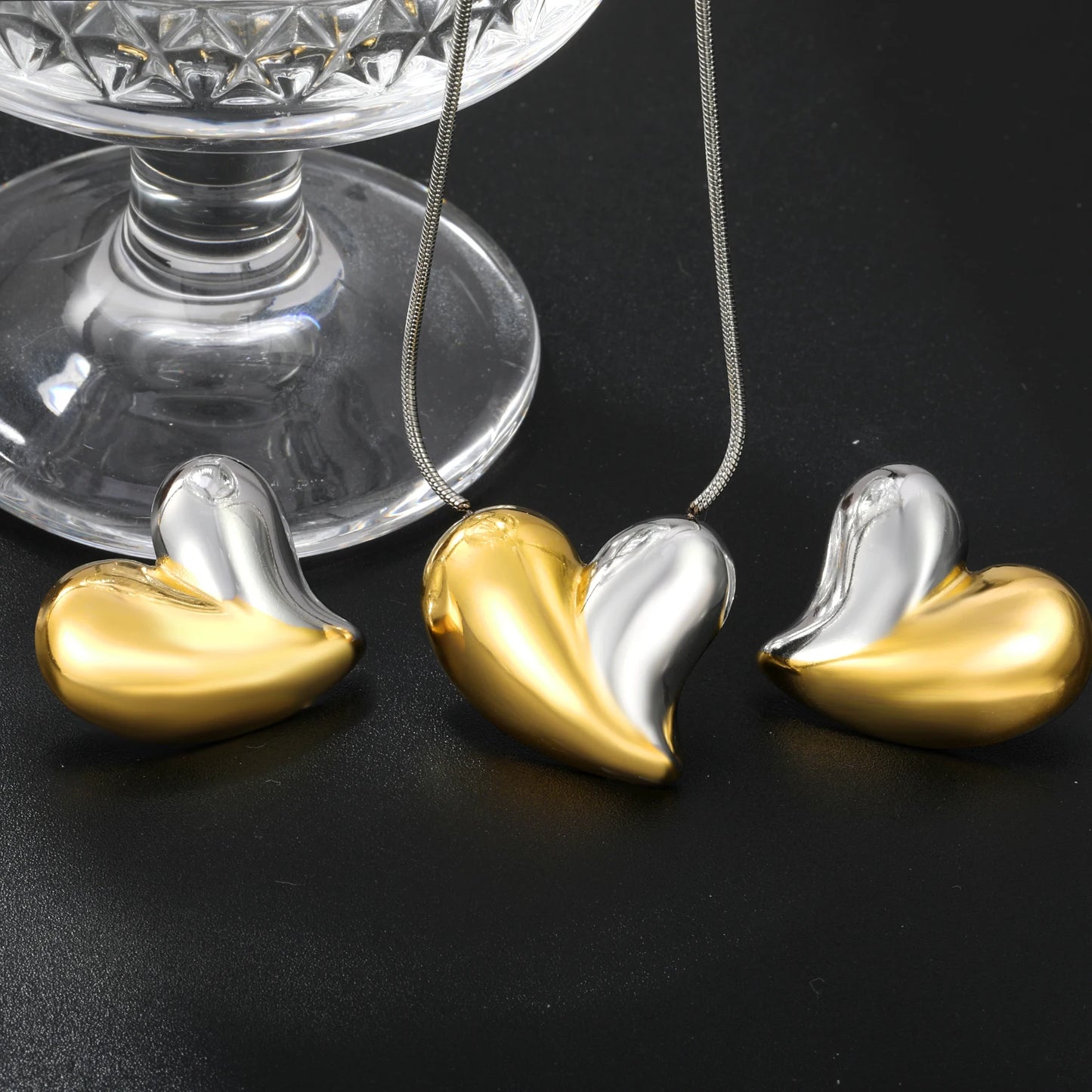 LUXUKISSKIDS Fashion Cubic Love Heart Minimalist Jewelry Set Necklace Earrings Bracelets Stainless Steel Women/Girls Accesories