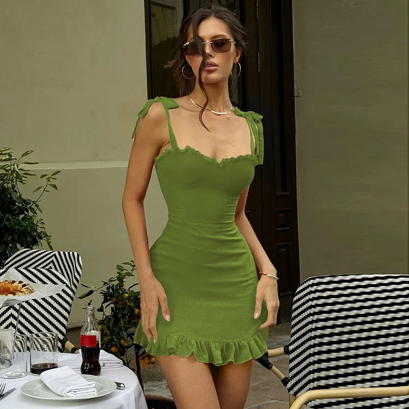 Hugcitar Elegant Solid Slips Ruffles Backless Bandage Patchwork Sexy Slim Mini Dress Summer Women Outfits Party Beach Festival