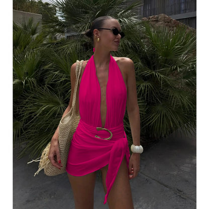 Two Pieces Micro Bikini 2025 Sexy Swimsuit Women Halter Swimwear Biquini Female Solid Bodysuit Bathing Suits Sarong Mini Skirt