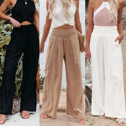 Women's casual pants with drawstring, mid waist, beach wide leg, spring and summer, European and American pants