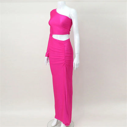 CNYISHE One Shoulder Cut Out Split Ruched Maxi Dress for Women Elegant Party Prom Gown Dresses Woman Sexy Birthday Outfits Robes