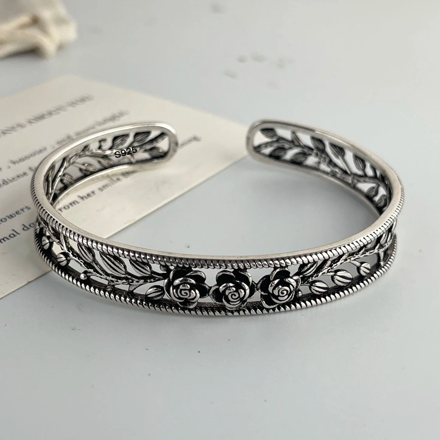 100% Solid 925 Sterling Silver Metal Bracelet for Women Vintage Handmade Simple Retro Flower Chain Bracelet Birthday Gift Party
