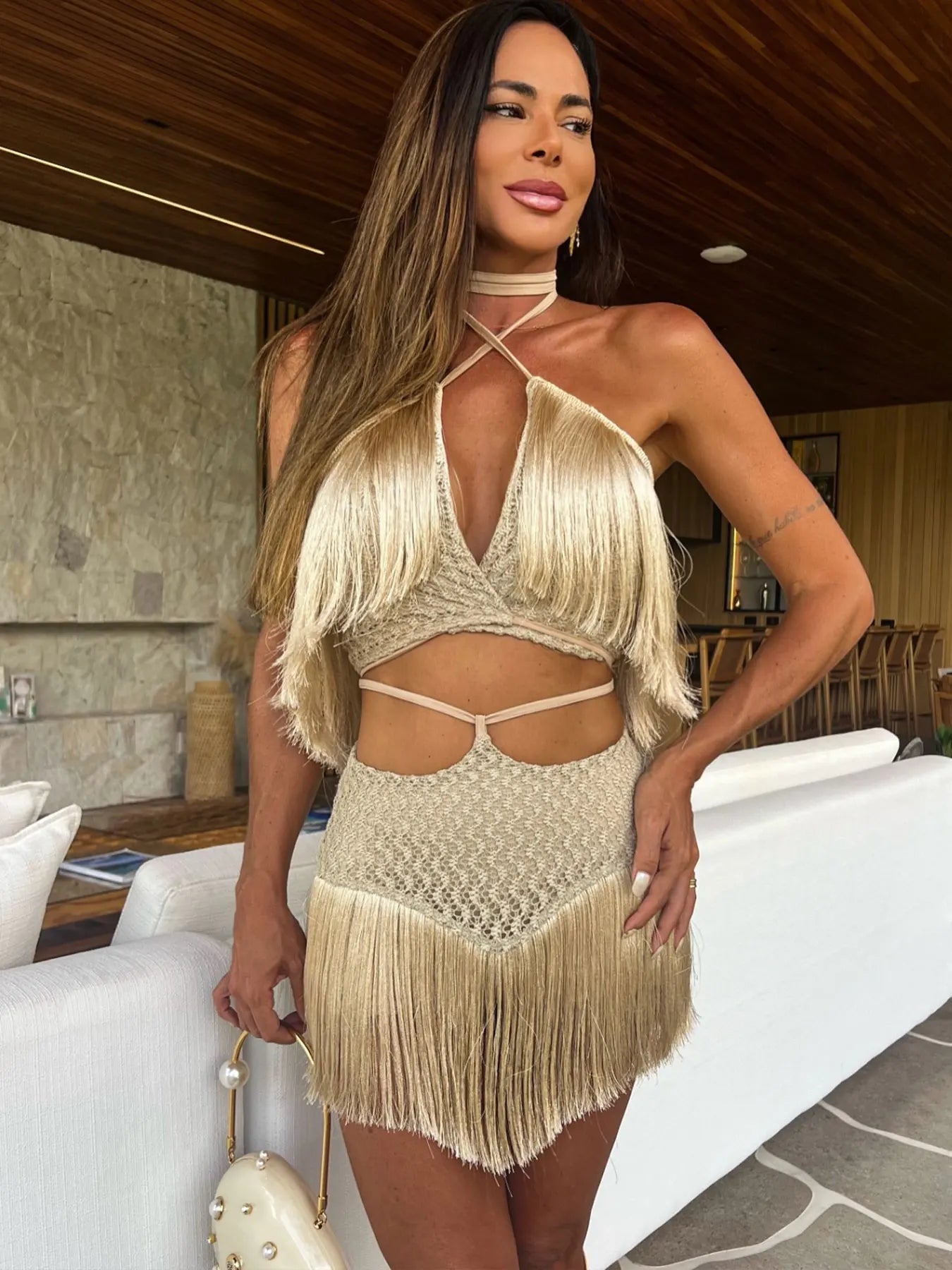 Sexy Tassel Cut Out Skirt Women Halter Lace Bra Tassel Mini Skirt Suit Beach Vacation Casual Female Bathing Suit Summer