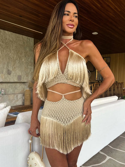 Sexy Tassel Cut Out Skirt Women Halter Lace Bra Tassel Mini Skirt Suit Beach Vacation Casual Female Bathing Suit Summer