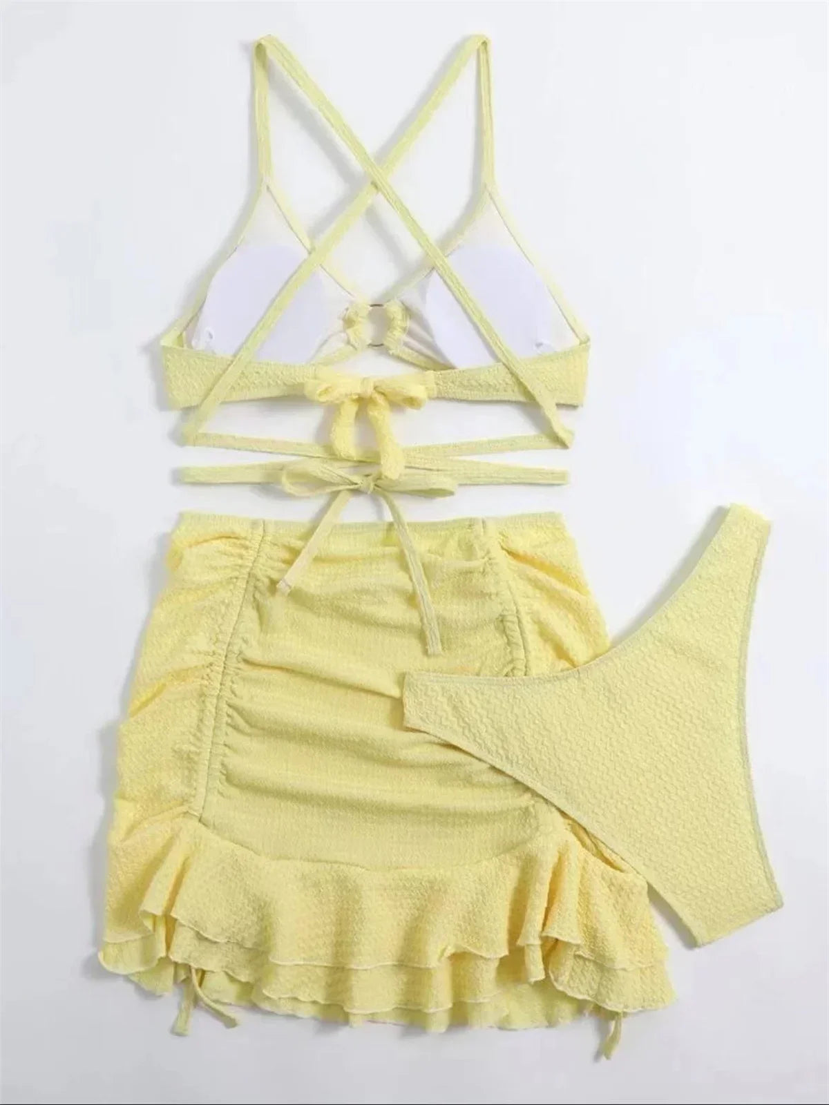 Sexy Yellow Bikini Women Solid Halter Ring Linked Criss Cross Cover Up 3 Piece Swimsuit 2025 Bathing Suit Ruffles Skirt Swimwear