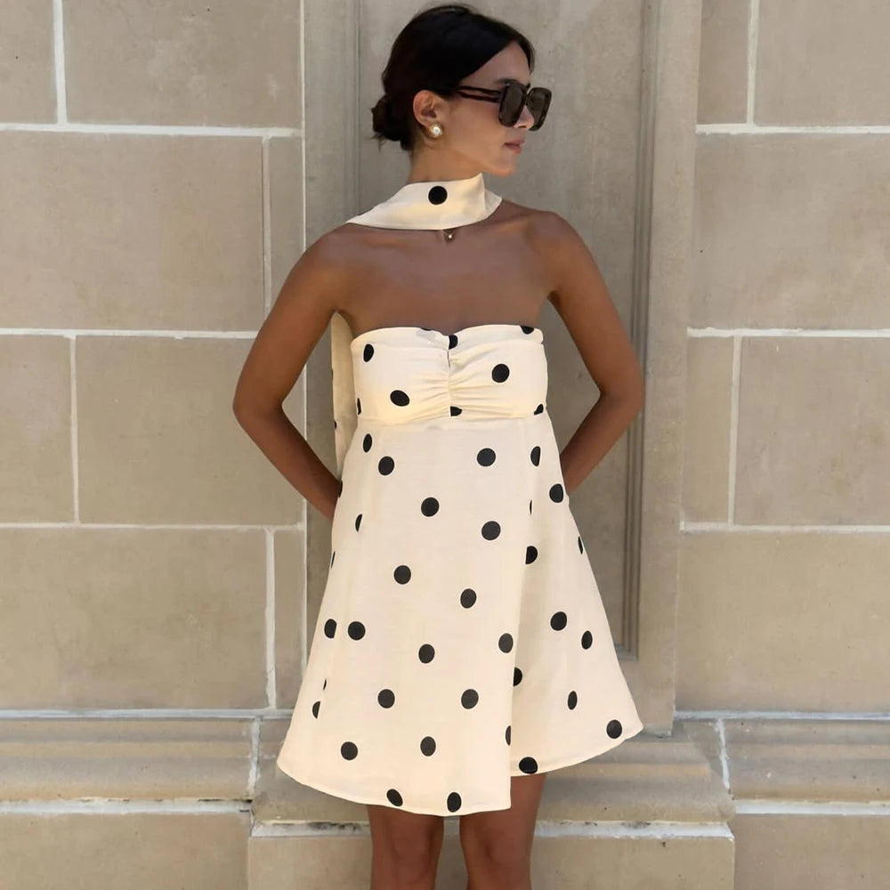 Ticketsx Polka Dot Dress Women's Sexy Scarf One Shoulder Backless Pleated Strapless Mini Dress Female Summer Luxury Loose Dress