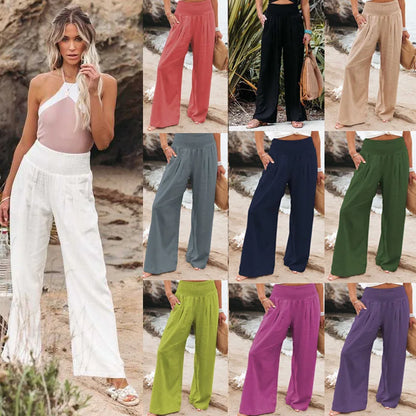 Women's casual pants with drawstring, mid waist, beach wide leg, spring and summer, European and American pants