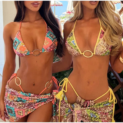 Sexy Sequin Bikini Skirt Sets Women Fashion Holiday Lace Up Top Ribbon Mini Skirts Female 2026 Summer Beach Lace Up Suits Lady