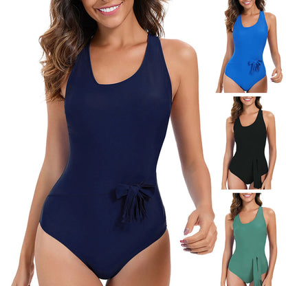 Women Monokini U-Neck Cross-Back Padded One-Piece Swimsuit Lady Solid Color Backless Bathing Suit Sexy Slim Fit Beach Swimwear