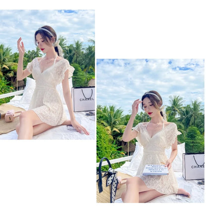 Ele Lace One-Piece Swimsuit Women's High Waist Brief Svel Slimming Thermal Bathing Suit Casual  Color Swimwear