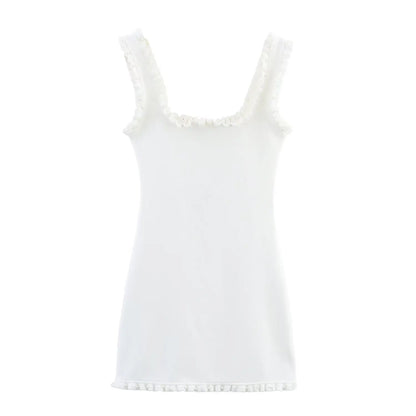 HH Female Summer Sexy Slim Dress 2 Color Solid Square Collar Sleeveless Backless Flower Decoration Women's Fashion Dresses