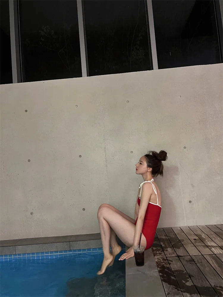 Korean Sexy Red One Piece Swimsuit Women Summer Bathing Suit Bikini Set Swimwear Female Beach Wear Tie Shoulder Swimming Suit