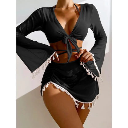 S - XL With Tassel Skirt Long Sleeve Bikini Women Swimwear Female Swimsuit Four-pieces Bikini set Bather Bathing Suit Swim V7060