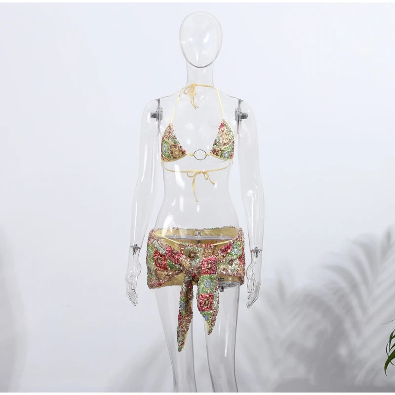 Sexy Sequin Bikini Skirt Sets Women Fashion Holiday Lace Up Top Ribbon Mini Skirts Female 2026 Summer Beach Lace Up Suits Lady