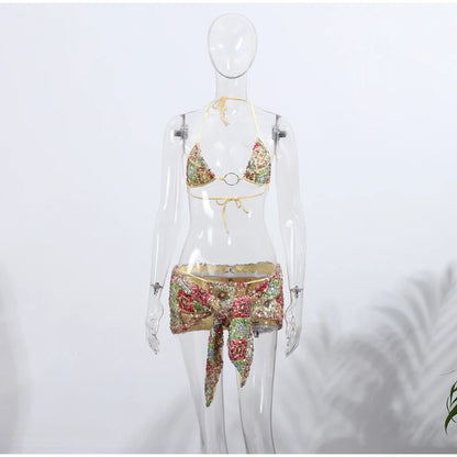Sexy Sequin Bikini Skirt Sets Women Fashion Holiday Lace Up Top Ribbon Mini Skirts Female 2026 Summer Beach Lace Up Suits Lady