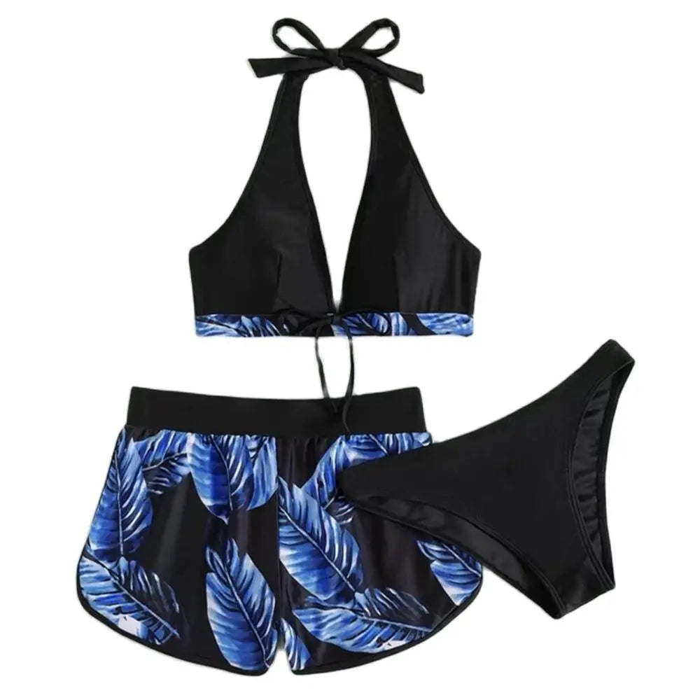 Women 2025 New Bikinis 6 Colors Sexy Halter Bikini 3 Piece Set Leafs Print High Waisted Swimsuit Beach Bathing Suit Size S-XXL
