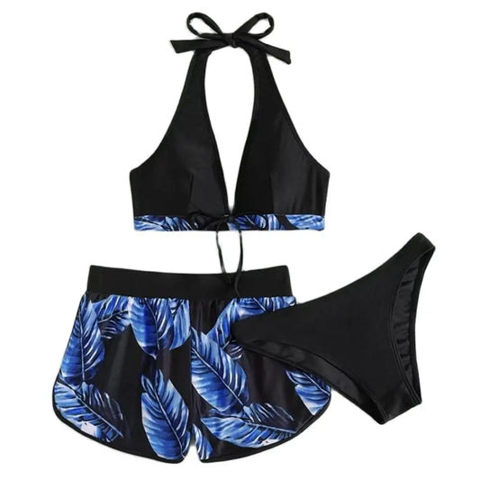 Women 2025 New Bikinis 6 Colors Sexy Halter Bikini 3 Piece Set Leafs Print High Waisted Swimsuit Beach Bathing Suit Size S-XXL
