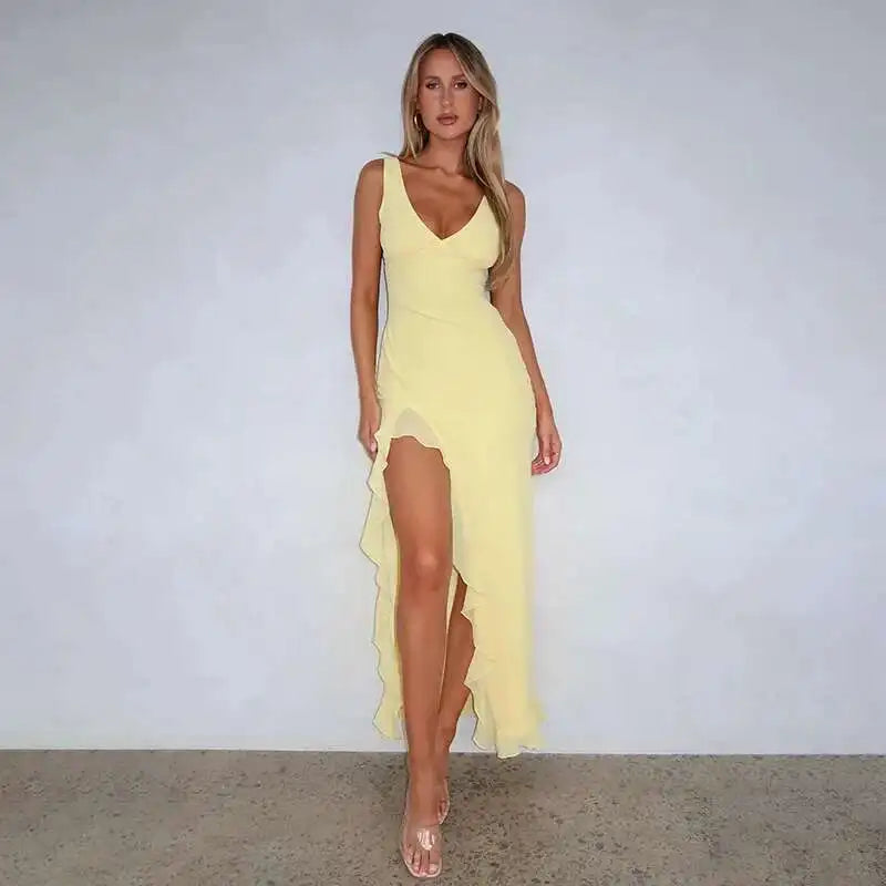 Avrilyaan Ruffle High Split Sexy Dress Women 2024 Robes Elegant Evening Summer Dress Backless Party Long Midi Dress Vestidos