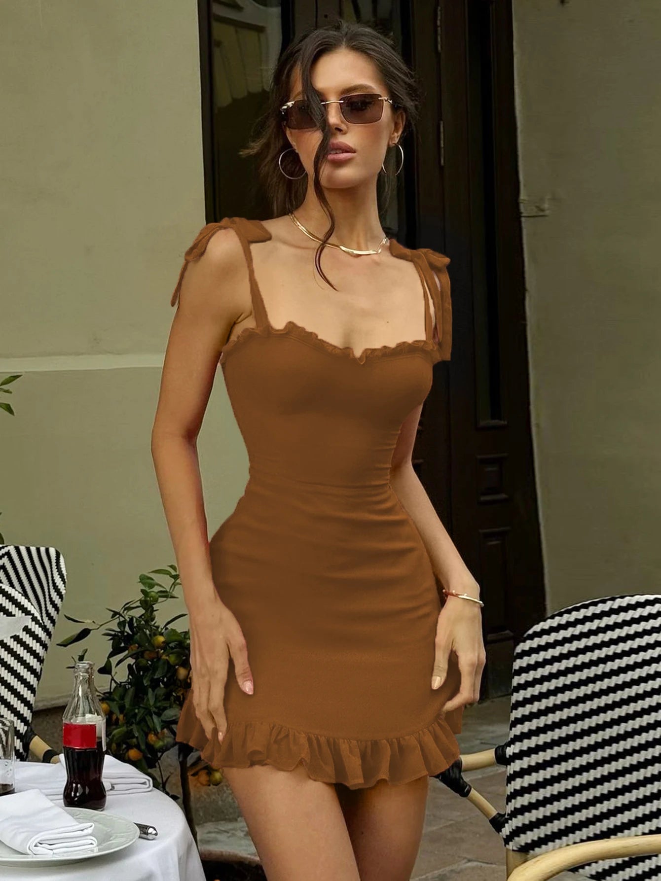 Hugcitar Elegant Solid Slips Ruffles Backless Bandage Patchwork Sexy Slim Mini Dress Summer Women Outfits Party Beach Festival