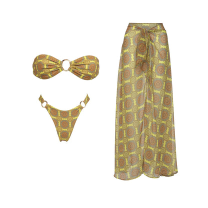 2025 New High Quality Elegant One Piece Swimsuit And Skirt Print Deep-V Lace-up Women Bikini Set Swimwear Party Bathing Suit