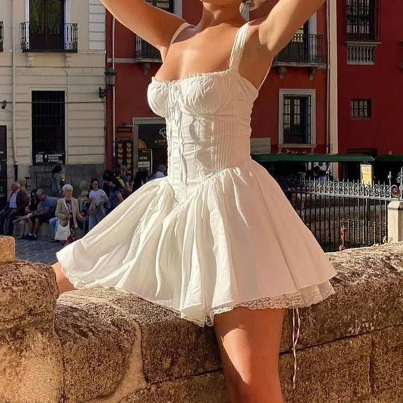 Sexy Lace Floral Corset Short Dress Elegant Women's White Yellow Sundress Female High Waist Mini Sun Dresses Summer 2025 New In