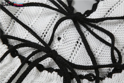 Weird Puss Sexy Elegant Halter Dress Women Summer Backless Lace-Up Color-Block Sleeveless Trendy Nightclub Wild Fashion Clothing