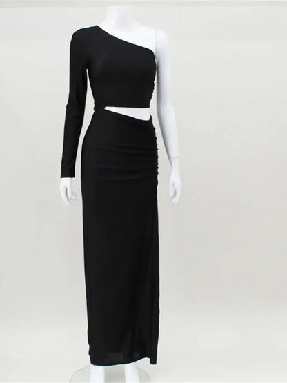 CNYISHE One Shoulder Cut Out Split Ruched Maxi Dress for Women Elegant Party Prom Gown Dresses Woman Sexy Birthday Outfits Robes