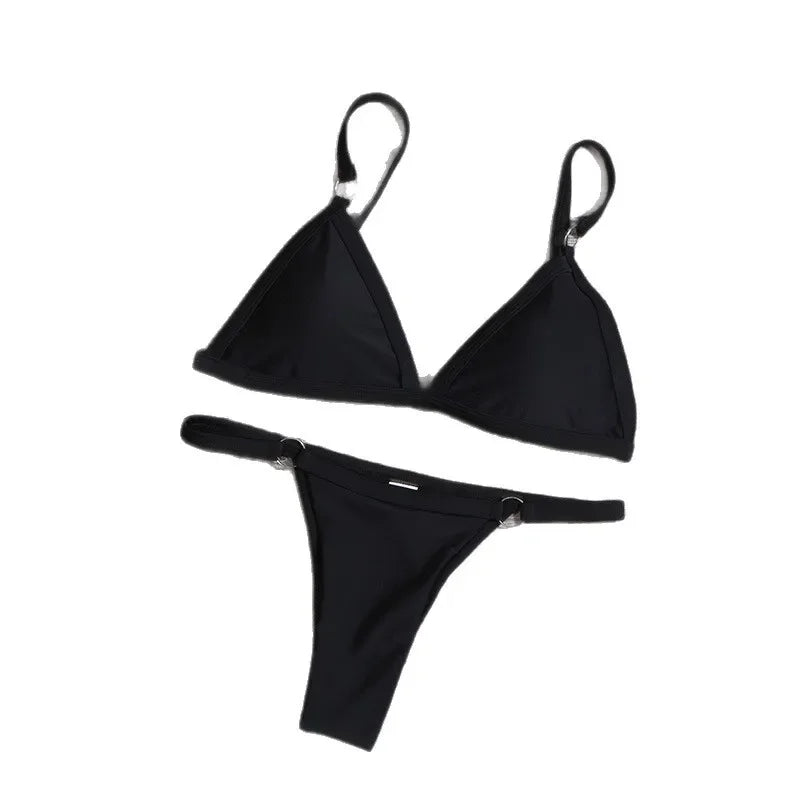 Pure Color Triangle Bikini Separate Swimsuit Metal Ladies Swimwear Single Layer Milk Silk Female Model Chinese Brand