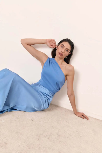 Satin Patchwork One-Shoulder Sexy Maxi Dress Women Sleeveless Ruched Bodycon Dress 2025 New Elegant Wedding Evening Party Robes