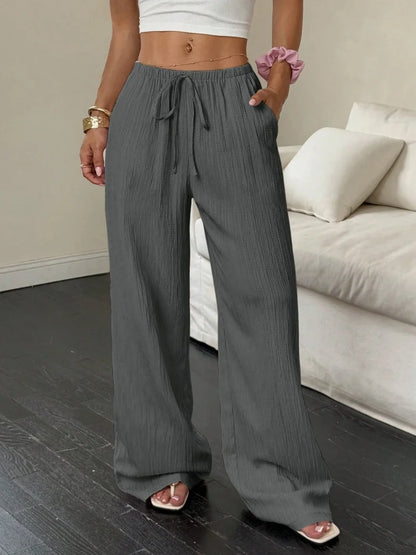 Summer 2025 Women's Casual Solid Color Texture Fabric Waist Belted Side Pocket Wide Leg Pants New Cross-Border Style