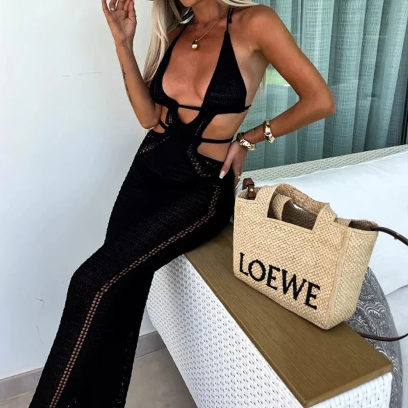 Sexy Style Hollow Out Backless Tie Up Dress Women Beach Vacation Beachwear Cover Up Knitting Sun Bathing Sunscreen Long Dress