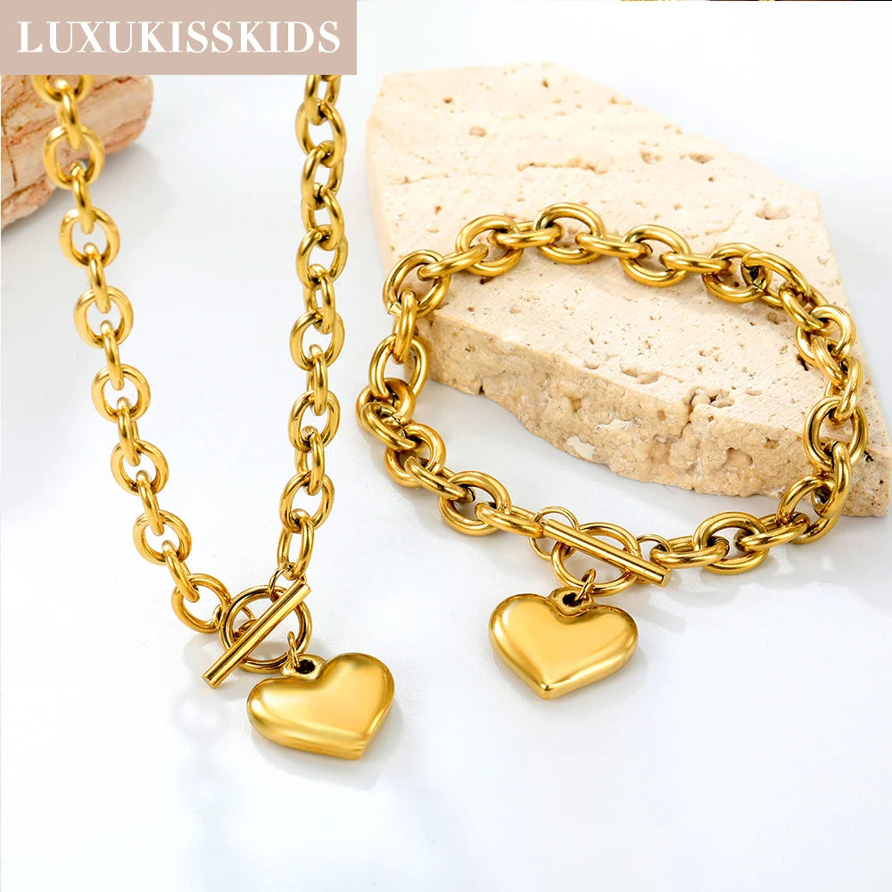 LUXUKISSKIDS Fashion Cubic Love Heart Minimalist Jewelry Set Necklace Earrings Bracelets Stainless Steel Women/Girls Accesories