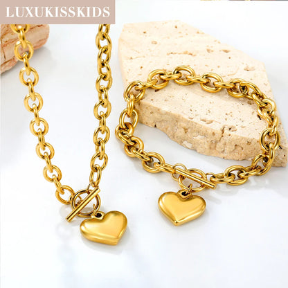 LUXUKISSKIDS Fashion Cubic Love Heart Minimalist Jewelry Set Necklace Earrings Bracelets Stainless Steel Women/Girls Accesories