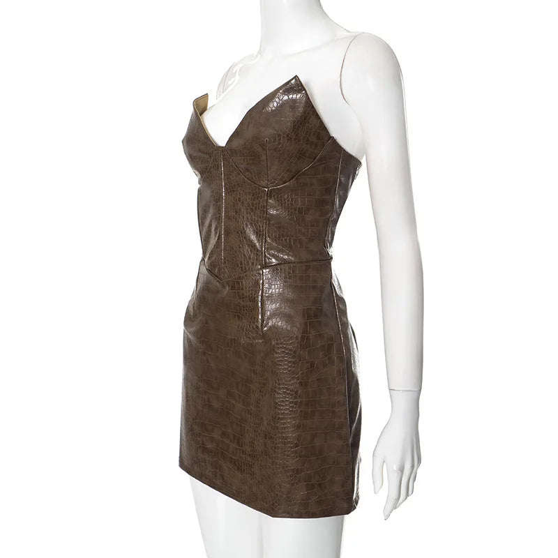 Luxury Leather Strapless Short Dress Chic Womens Summer Sexy Party Waist Curvy Dresses 2025 Evening Red Green Brown Y2K Cocktail
