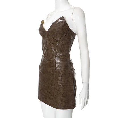 Luxury Leather Strapless Short Dress Chic Womens Summer Sexy Party Waist Curvy Dresses 2025 Evening Red Green Brown Y2K Cocktail