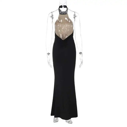 Mozision Lace Halter Backless Sexy Maxi Dress For Women Black Off-shoulder Strapless Sleeveless Bodycon Club Party Long Dress
