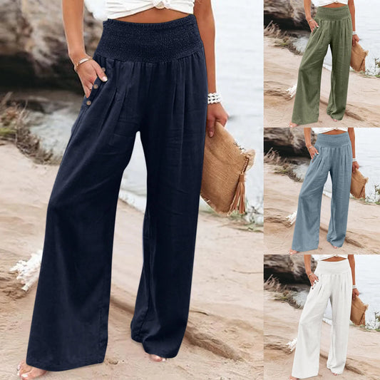 Fashion Cotton Linen Pants Women's Elastic High Waist Loose Wide Leg Pants With Pockets Solid Color Pleated Yoga Sports Pants