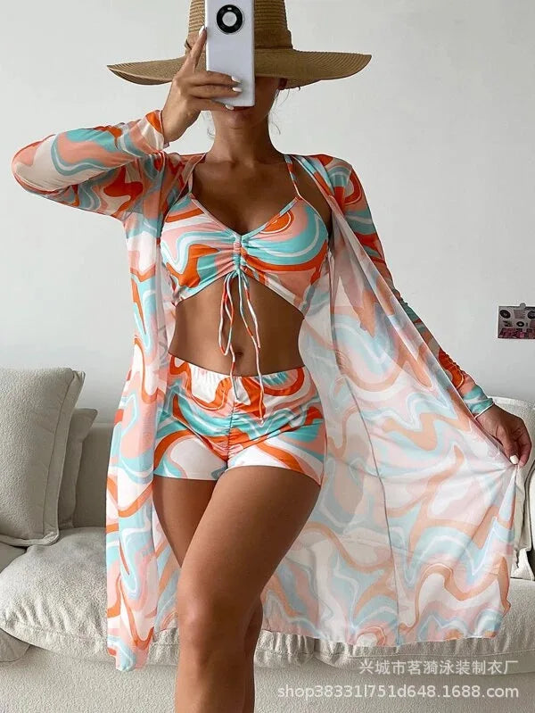 Mingyi New Multi-Color Mesh Cover up Sexy Leg Lengthening Swimsuit Top Bottoms Three-Piece Set Women's Swimwear