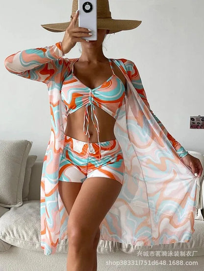 Mingyi New Multi-Color Mesh Cover up Sexy Leg Lengthening Swimsuit Top Bottoms Three-Piece Set Women's Swimwear