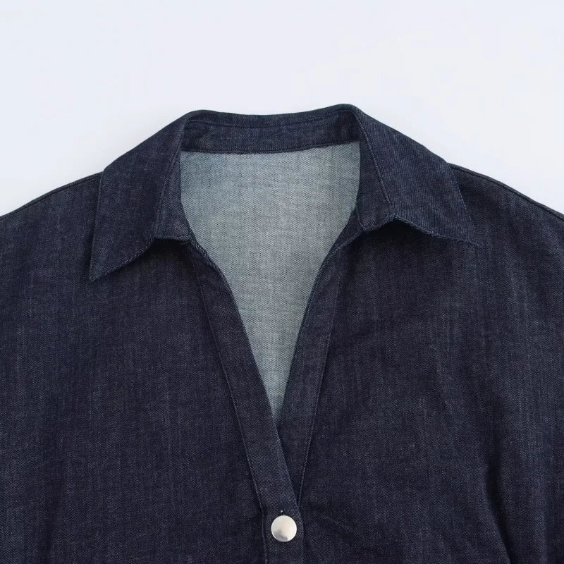 ETJ 2025  Spring New 1975 series denim MIDI dress with lapel side zipper fashion wrinkle waist slim elegant dress